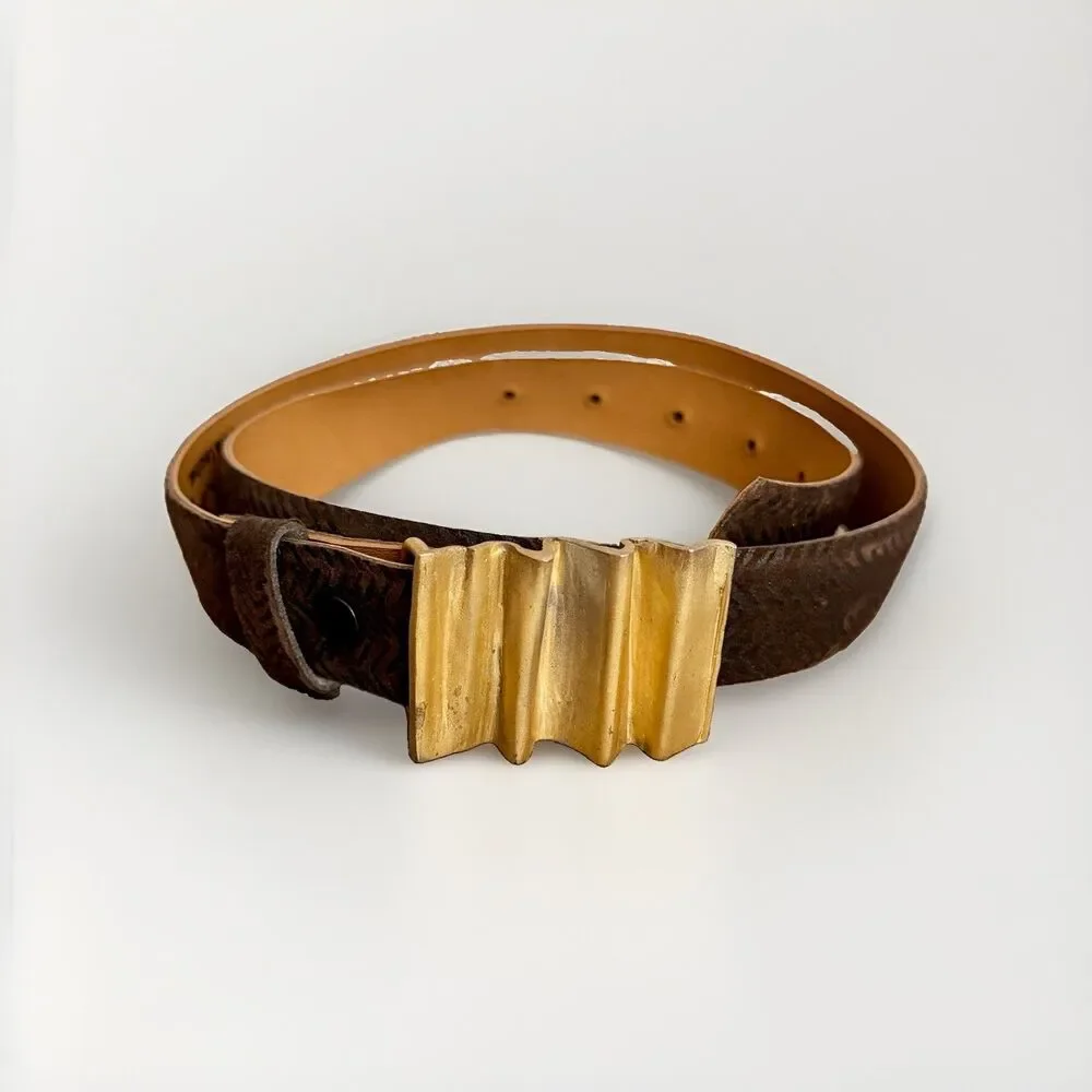 Elaine Coyne Vintage Fine Leather Gold Buckle Brown Herringbone Belt Size M